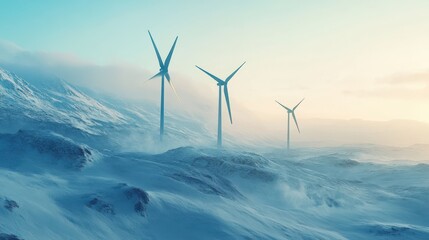 Majestic wind turbines stand tall against a serene snowy landscape, capturing renewable energy in a tranquil environment.