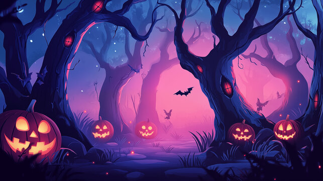 Kid friendly spooly forest , the trees are twisted into unnatural shapes by some sort of magic , halloween pumpkin light , jack o lantern and bats,halloween background concept.