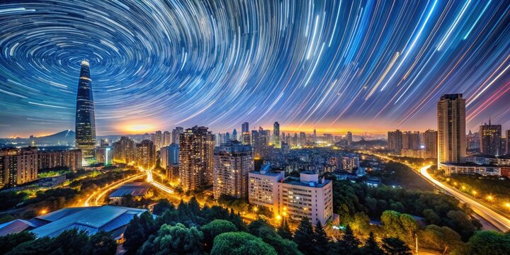 city at dusk with stars trails and excitement