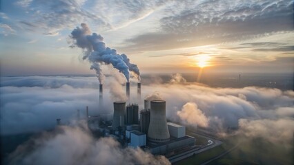 Fototapeta premium Aerial view coal power plant station in the morning mist, the morning sun rises, coal, power plant, station, morning, mist