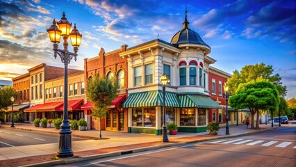 Fototapeta premium Classic American main street scene with vintage storefronts, old-fashioned streetlights, and a charming gazebo set against a bright blue sky in a quaint Midwest town.