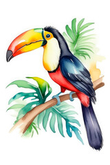 Fototapeta premium Hand-painted watercolor toucan. Artistic image of animals and birds for design of zoological books, articles, postcard design and other printed publications
