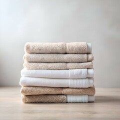 A neat stack of soft. fluffy towels in beige and white. perfect for adding a touch of spa like relaxation to your bathroom decor.