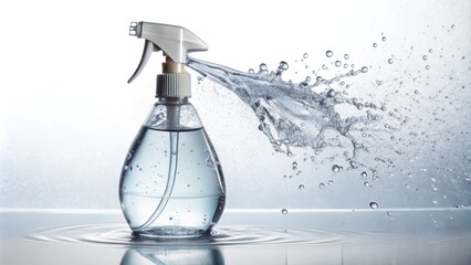 Clear plastic spray bottle filled with water, sitting on a white background, with droplets of water splashing out of the nozzle, creating a refreshing mist.