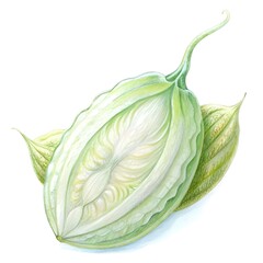 A detailed. hand drawn illustration of a halved bitter melon with its intricate seeds and texture.
