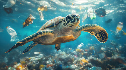 Fototapeta premium Sea turtle amidst plastic waste,raw style,environmental awareness artwork 
