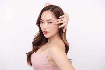 Fototapeta premium Beautiful young asian woman with clean fresh skin on white background, Face care, Facial treatment, Cosmetology, beauty and spa, Asian women portrait.