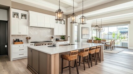 Modern Kitchen Island with Wicker Bar Stools and Farmhouse Lighting