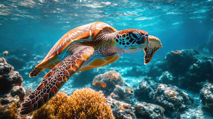 Fototapeta premium Green sea turtle gracefully glides through crystal-clear waters, its shell shimmering against the vibrant coral reef