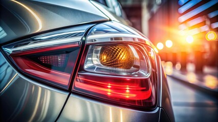 Fototapeta premium Close-up of a shiny silver car's rear turn signal light illuminated, reflecting surrounding environment, with subtle lens flare on a blurred dark background.