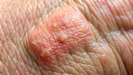 Fototapeta premium Close-up of a rough, thickened patch of skin on a human hand, showcasing a callus formed from repeated friction and pressure.