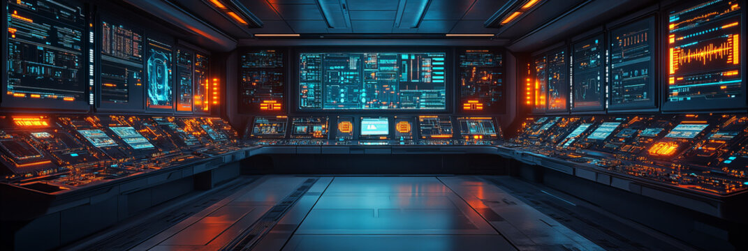 Futuristic control room with advanced technology, glowing screens, cyber ambiance, sleek design, high tech monitoring, dynamic information hub, blue and orange hues