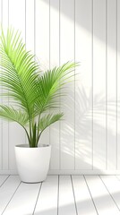 A serene room interior featuring a potted plant on a wooden countertop. Natural sunlight streams through, casting soft shadows against the white wall, creating a calming atmosphere