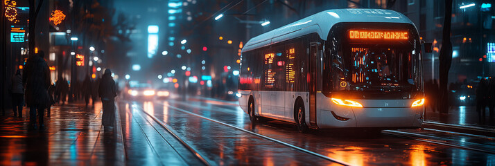 Futuristic electric bus on a rainy city street, neon reflections, modern transportation with an urban and techno vibe.