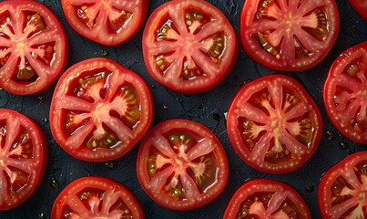 Tomato Halves and Slices, Fresh whole tomatoes, halved, and sliced tomatoes arranged on a dark background