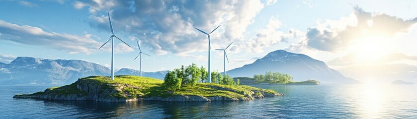 Serene landscape featuring wind turbines on an island, surrounded by water and mountains under a bright sky. A symbol of sustainability.