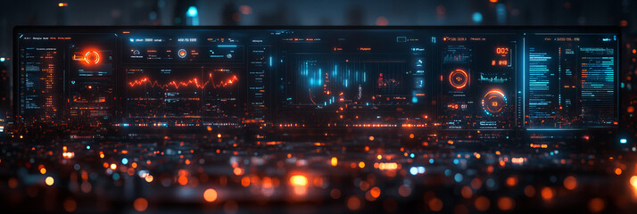 Obraz premium Futuristic Digital Interface with Neon Blue and Orange Holographic Graphics in Dark Room, High-Tech Illuminated Electronics with Modern Design and Technological Mood