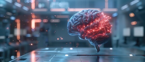 A digital representation of a brain illuminated with neon lights, symbolizing advanced technology and innovation in neuroscience.