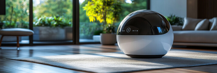 Modern spherical robot in stylish living room with lush green plants, natural sunlight filtering, creating a harmonious blend of advanced technology and serene ambiance