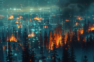 Fototapeta premium A dramatic forest fire scene illuminated by glowing flames, surrounded by a dark, smoky ambiance and digital overlays.