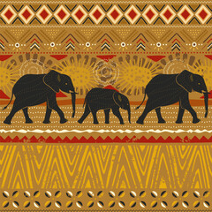 Tribal  seamless pattern with abstract geometric ornament and walking elephants. African mud cloth, bogolan.