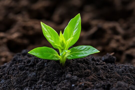 Sprout breaking, soil surface, first green leaves signify the promise of new life
