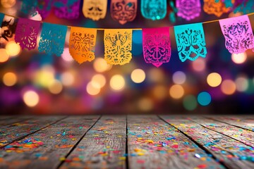 Colorful Background with Bokeh Lights and Confetti for Dia de los Muertos, AI generated illustration
