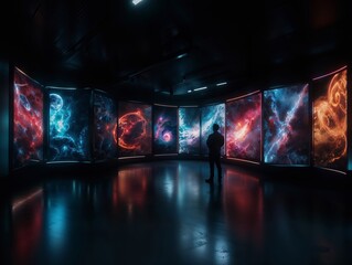 Man Observing Cosmic Displays in Dark Gallery Setting