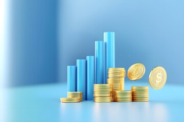 3D icon of a blue bar chart and coins, against a blue background, in a minimalistic style. 2D illustration, flat design, simple shapes, low details, smooth gradient, no shadows, vector art, blue color
