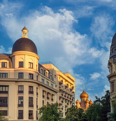 Fototapeta premium University Square (Piața Universității) with St. Nicholas Russian Church in the background, Bucharest, Romania