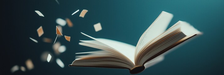 An open book with pages flying off into the air, symbolizing freedom, ideas, and the power of imagination.