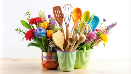 Colorful, stylized kitchen utensils including a whisk, spatula, and wooden spoon, arranged in a decorative bouquet against a clean, white background.