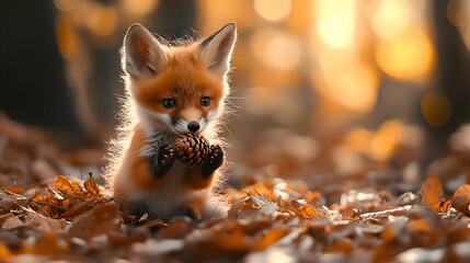 Cute Red Fox Kit Holding a Pinecone in the Autumn Forest - Realistic Photography