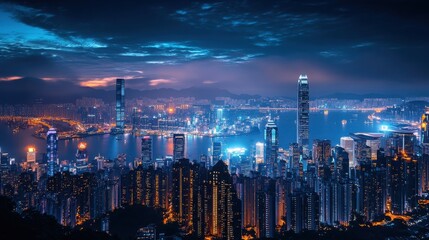 Obraz premium Stunning cityscape at night showcasing illuminated buildings and a vibrant skyline under a dramatic blue sky.