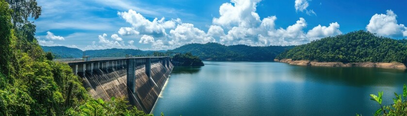 Fototapeta premium Stunning panoramic view of a lake surrounded by lush greenery and blue sky, showcasing natural beauty and tranquility.