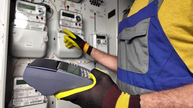 Technician reading consumption and charging on a wireless electricity power meter station in a building.