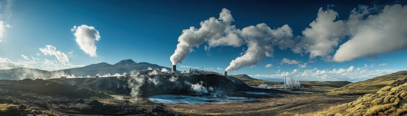 Fototapeta premium Stunning panoramic view of geothermal power plant releasing steam against a clear blue sky and dramatic mountain backdrop.