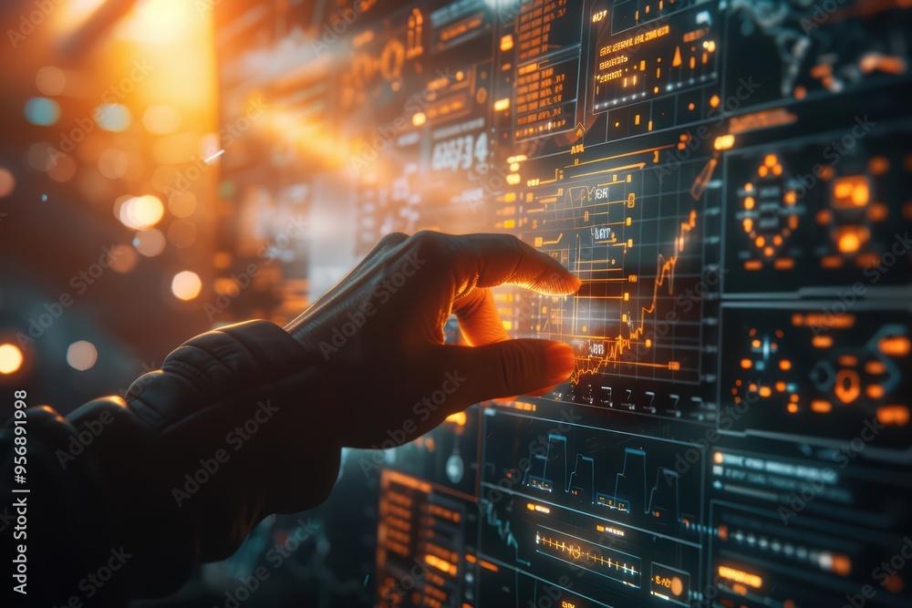 Poster a hand interacting with a futuristic digital interface displaying data and analytics, showcasing adv