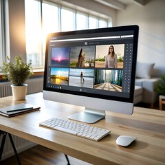 Modern desktop computer displaying a portfolio of high quality images. perfect for showcasing creative work. online design. or digital marketing.