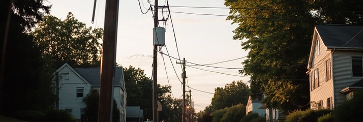 A suburban street with power lines crisscrossing a sunset sky, casting shadows on houses, trees, and utility poles.