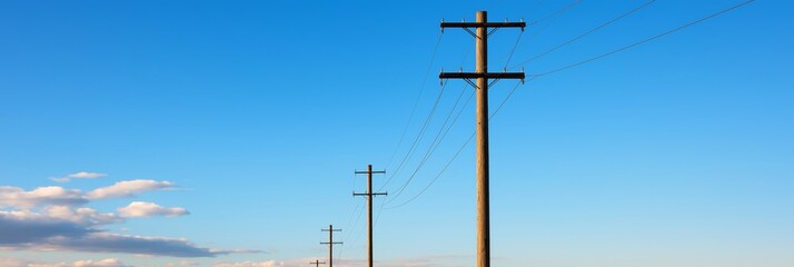 A series of power lines stretch across the landscape against a clear blue sky, creating a sense of connection and openness.