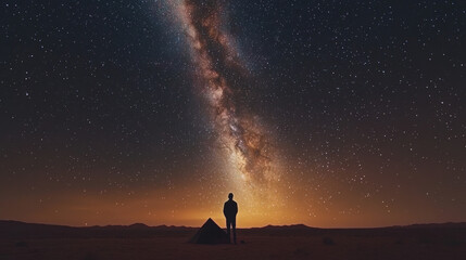 Fototapeta premium A lone tent set up under the stars in a vast desert, the Milky Way stretching across the sky, symbolizing adventure and serenity
