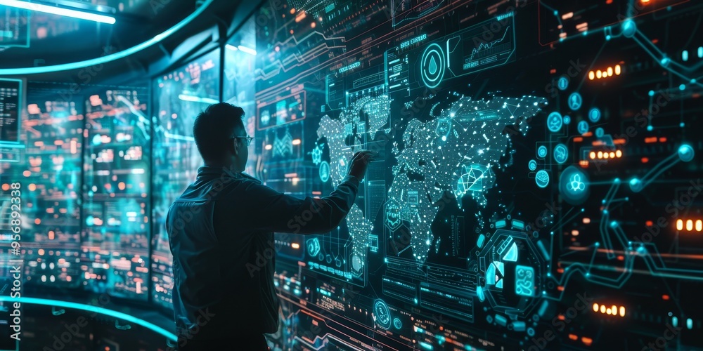 Poster A futuristic holographic display showing data clusters and relationships, illustrating advanced data structure analytics