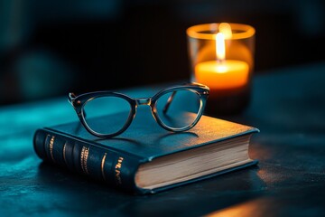 Still life, antique books, reading glasses, candlelight evoke a sense of intellectual curiosity