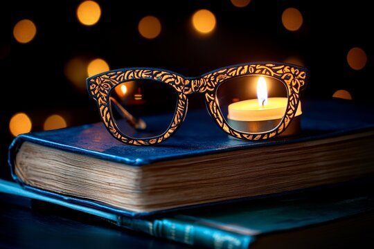 Still life, antique books, reading glasses, candlelight evoke a sense of intellectual curiosity