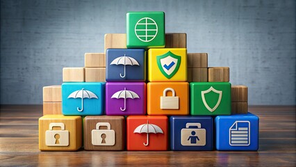 Colorful blocks with insurance-related icons such as shields, umbrellas, and briefcases stacked together conveying protection, security, and financial stability.