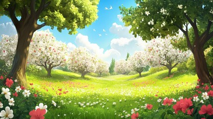 Fototapeta premium Spring Meadow with Blooming Trees.