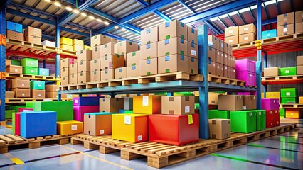 Colorful cardboard boxes piled high on a warehouse shelf, with packing paper and stickers scattered around, depicting a busy online shopping fulfillment center.