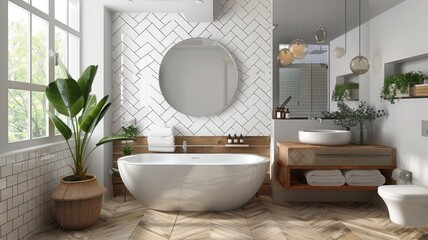 Fototapeta premium Freshly renovated bathroom with modern design elements, including new tiles and vanity