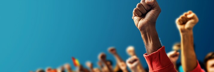 This image shows a diverse group of people raising their fists in a unified gesture, symbolizing solidarity, strength, and collective action. The blue sky serves as the backdrop.